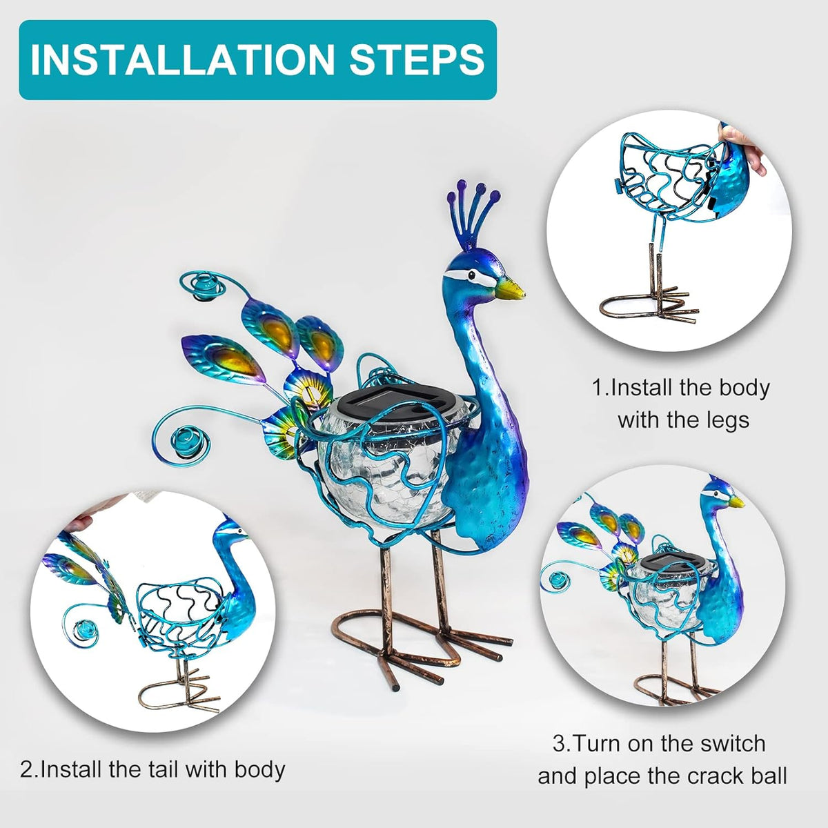 HONGLAND Solar Peacock Statue Light, Solar Animal LED Lights Outdoor, Solar Power Figurine