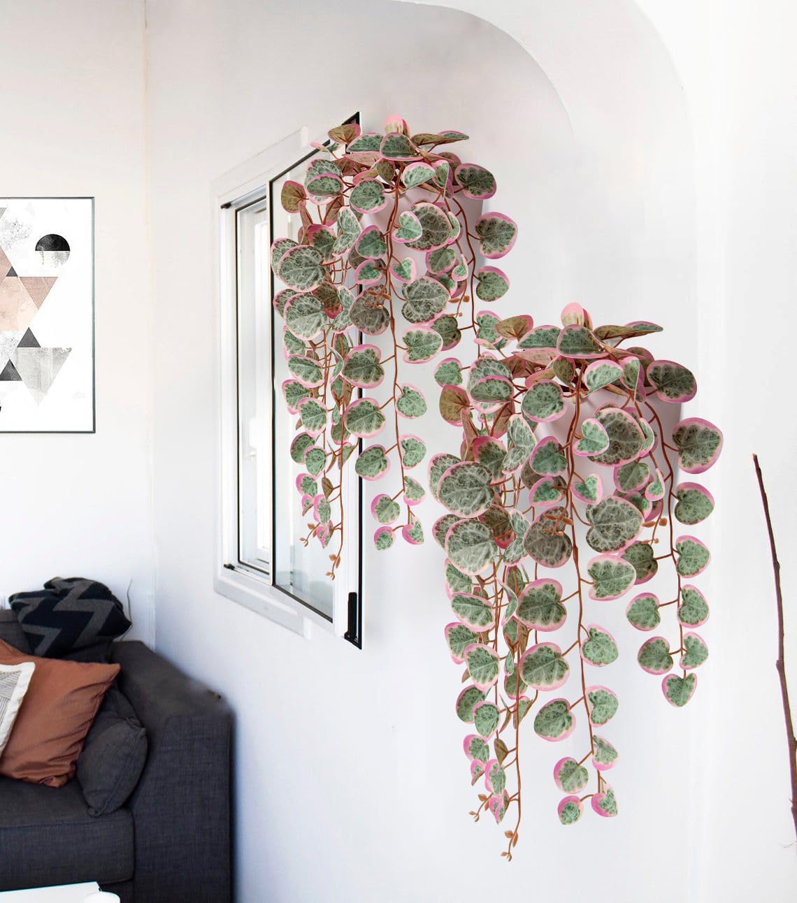 Briful Faux Hanging Plants 17'' Artificial String of Heart Vines with Semicircle Wall Mount Planter