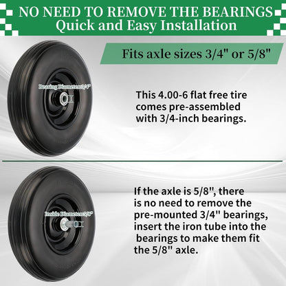 RRQ 4.00-6 Flat Free Tire and Wheel, 13" Solid Wheelbarrow Tire with 1.75" Centered Hub and 3/4"