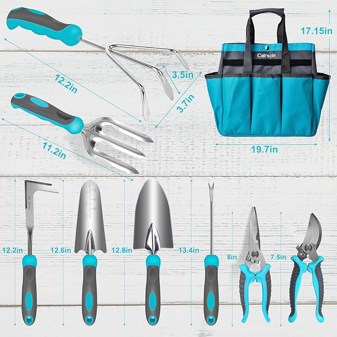 Gardening Tools, Carsolt 10 Piece Heavy Duty Stainless Steel Garden Tools Set with Ergonomic Rubber