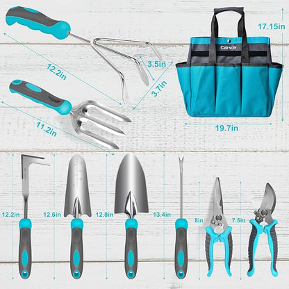 Gardening Tools, Carsolt 10 Piece Heavy Duty Stainless Steel Garden Tools Set with Ergonomic Rubber