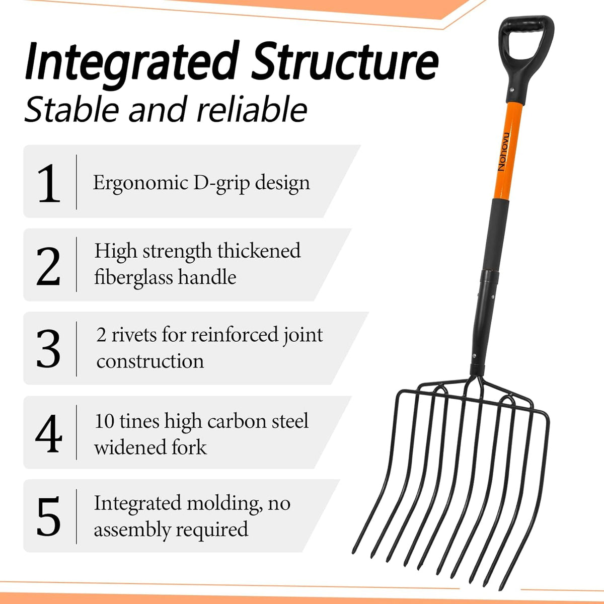 Pitchfork for Gardening, 10 Tines Pitch Fork with Non-Slip Handle, Heavy Duty Pitch Fork for