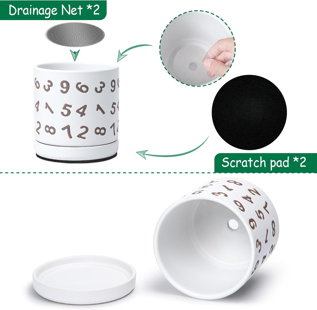 D'vine Dev Set of 2 Ceramic Planter Pots with Drainage Hole and Saucer, 6 Inch Plant Pots for