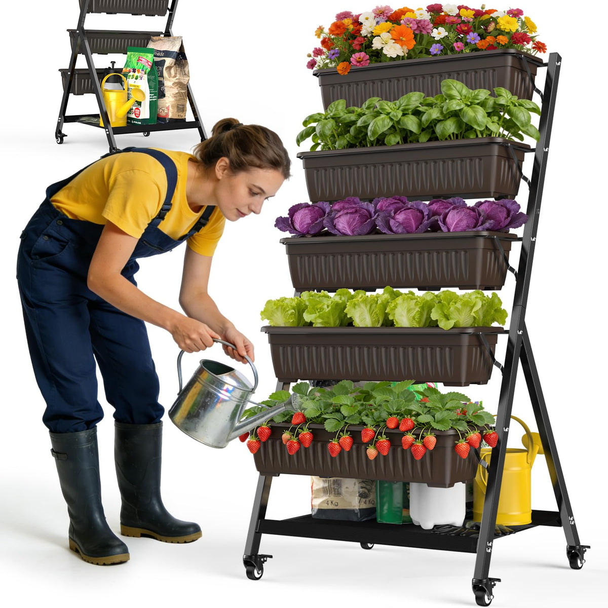 Olaiti 5-Tier Vertical Garden Bed Planter Boxes with Wheels, Drainage System & Storage Space