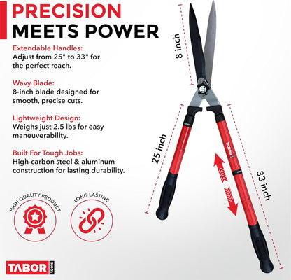 TABOR TOOLS B212A Telescopic Hedge Shears with Wavy Blade and Extendable Steel Handles. Extendable