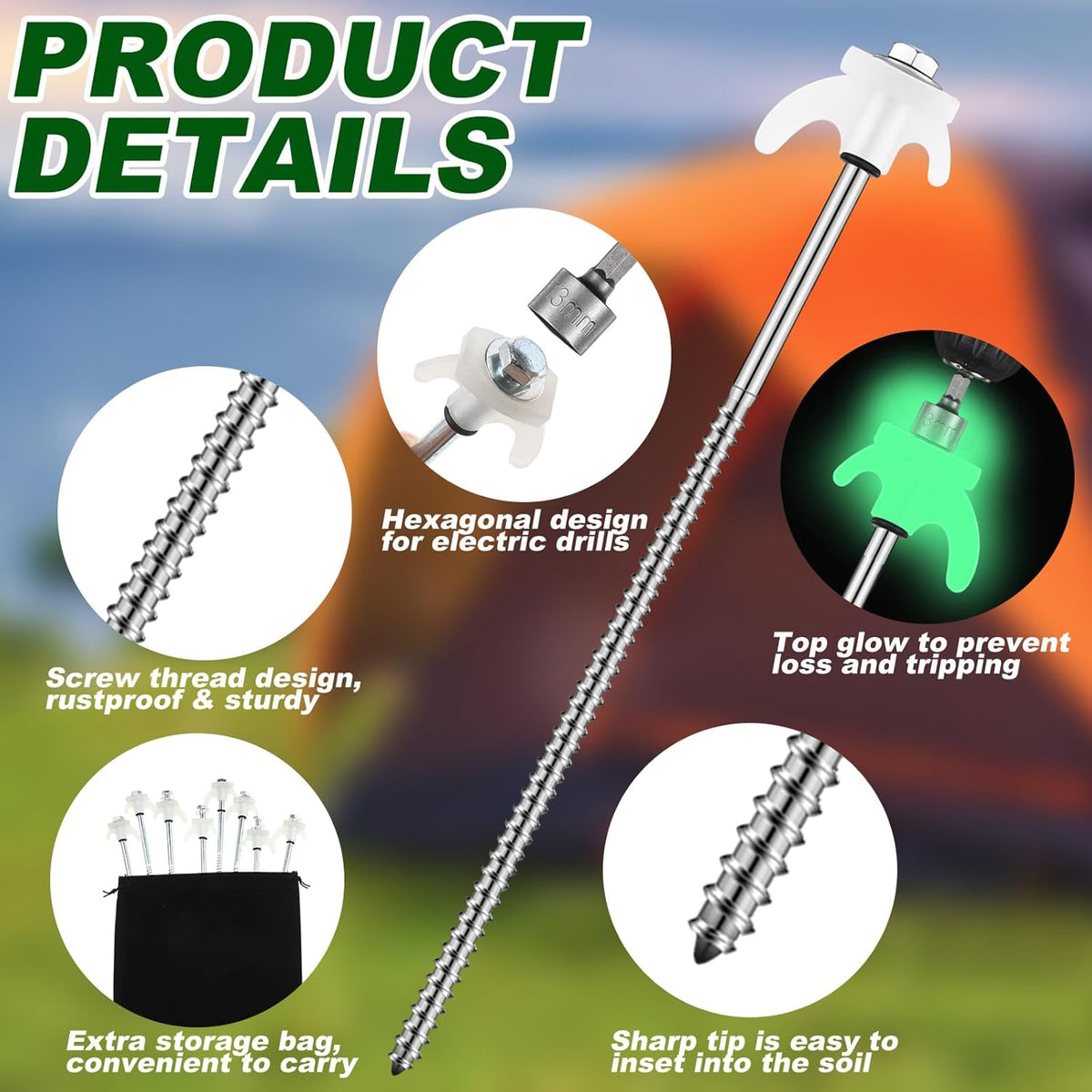 JaGely 12 Inch Tent Stakes Screw in Camping Stake 10 Pcs White Heavy Duty Metal Spikes Ground