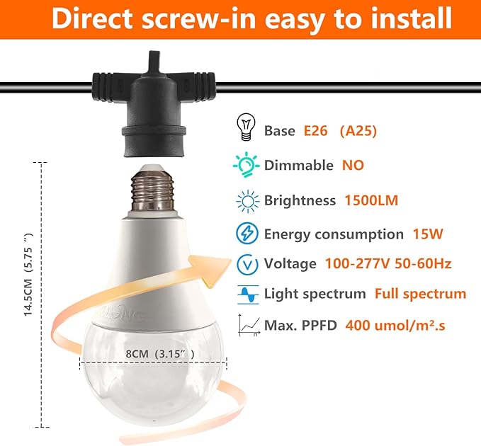 A25 Bulb Plus Size, 15W Grow Bulb,150W Equivalent,LED Grow Light Bulbs, Full Spectrum Grow