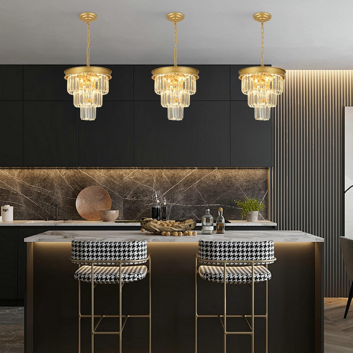 Crystal Chandeliers for Dining Room Light Fixtures Over Table，4-Lights Modern Gold Crystal Pendant