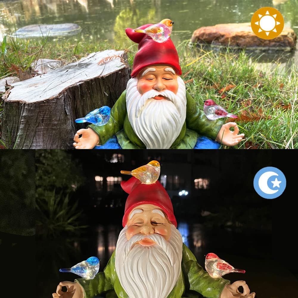 Solar Powered Gnome with Red Hat and 3 Birds, Resin Garden Ornament with LED Light, Lawn Figurine