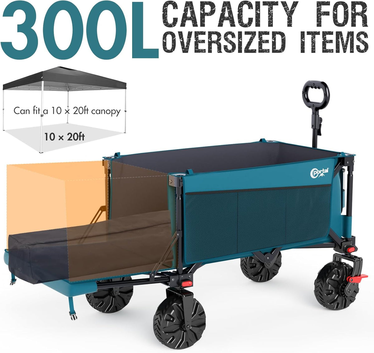 Portal 300L Large Wagons Carts Foldable with Tailgate, 550LB Heavy-Duty Collapsible Beach Wagon