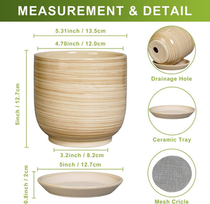 Ceramic Plant Pot 5 Inch - Modern Round Succulent Planter for Indoor Plants with Drainage Hole and