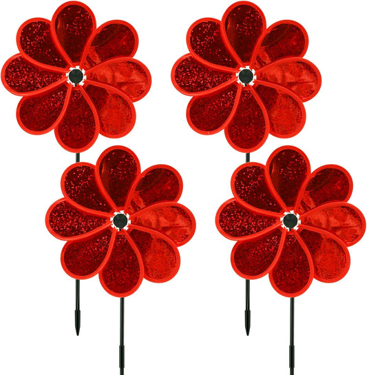 4PCS Flower Wind Spinner Sparkly Lawn Pinwheel 11.8 inch Red Garden Windmill for Garden, Party