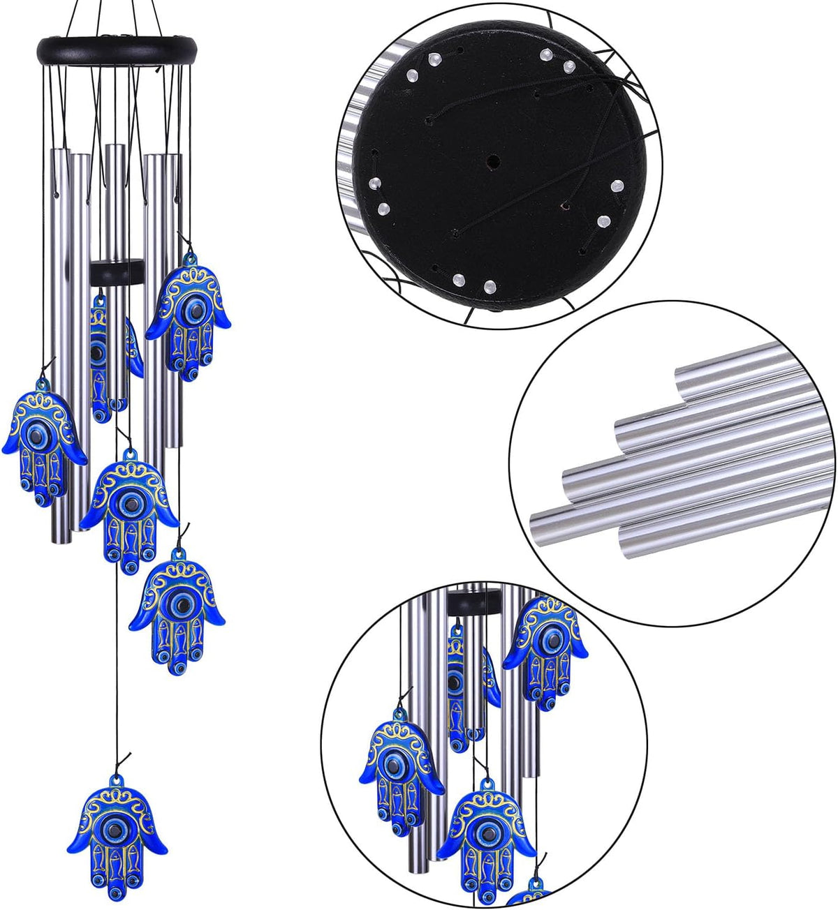 Blue Evil Eye Hamsa Hand Wind Chimes Outdoor Decoration, Hand of Fatima Windcatcher, Evil Eye Wind