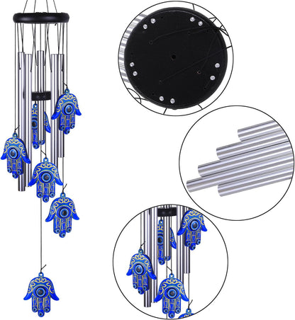 Blue Evil Eye Hamsa Hand Wind Chimes Outdoor Decoration, Hand of Fatima Windcatcher, Evil Eye Wind