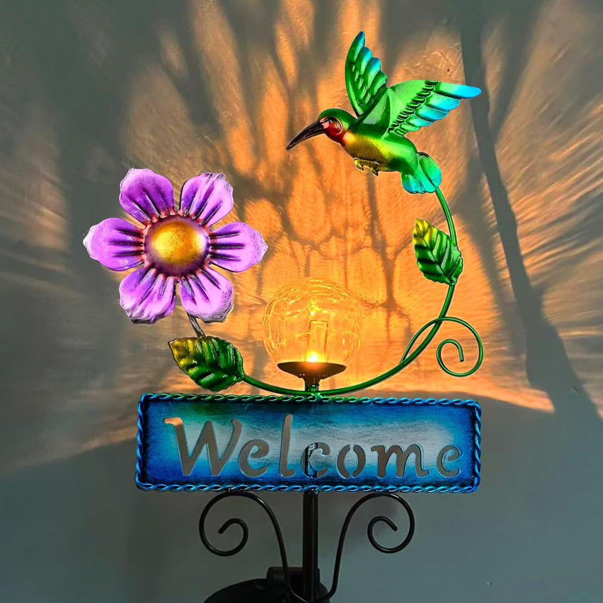 Outdoor Solar Garden Lights with Welcome Sign, Hummingbird Ornament Metal Stake Lights for Lawn