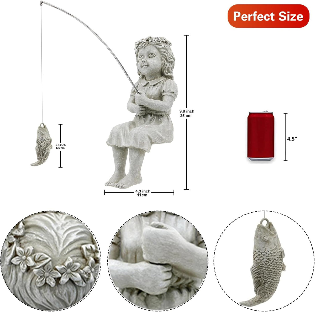 Goodeco Fishergirl Statue Garden Decor - 11" Little Fishing Guy for Koi Pond or Waterfalls