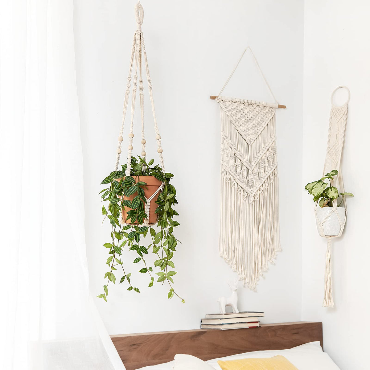 Mkono Macrame Plant Hanger Indoor 35 Inch Hanging Planter Basket Ivory 2Pcs