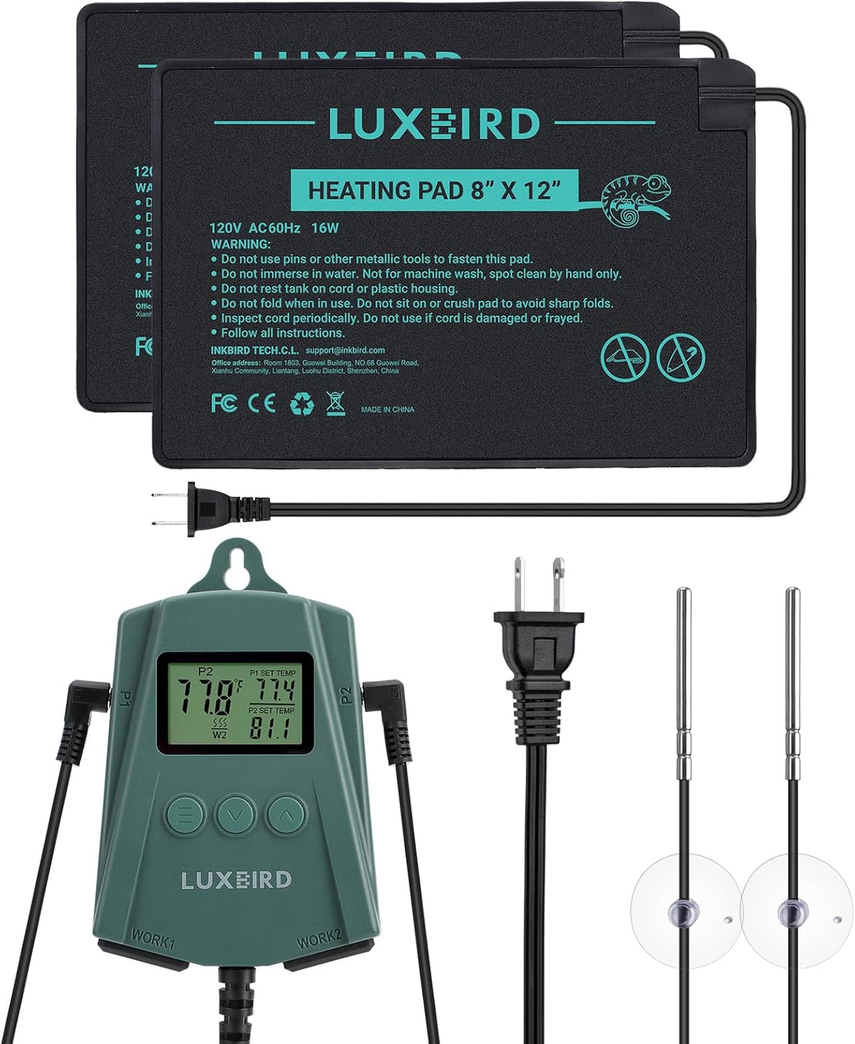 Luxbird Reptile Heating Pad 8x12 Inch with Dual Output Reptile Thermostat LB-2SC Combo Set Under