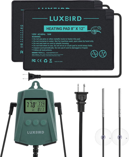 Luxbird Reptile Heating Pad 8x12 Inch with Dual Output Reptile Thermostat LB-2SC Combo Set Under