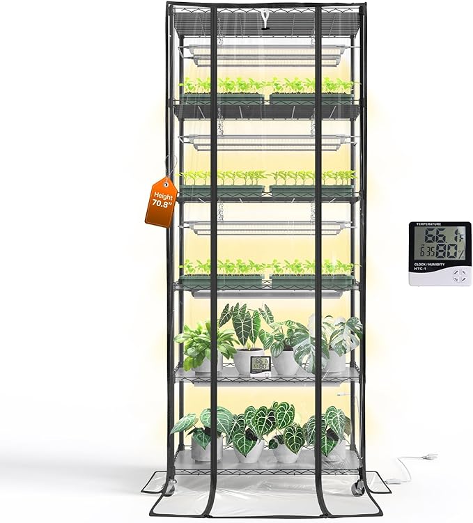 Bstrip 71" Indoor Greenhouse with Grow Light, 6-Tier DIY Plant Shelf with Adjustable Rack and
