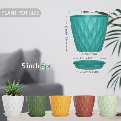 5 Inch Planter Pots, 6 Pack Indoor Planters, Small Flower Pots with Drainage Holes and Tray for