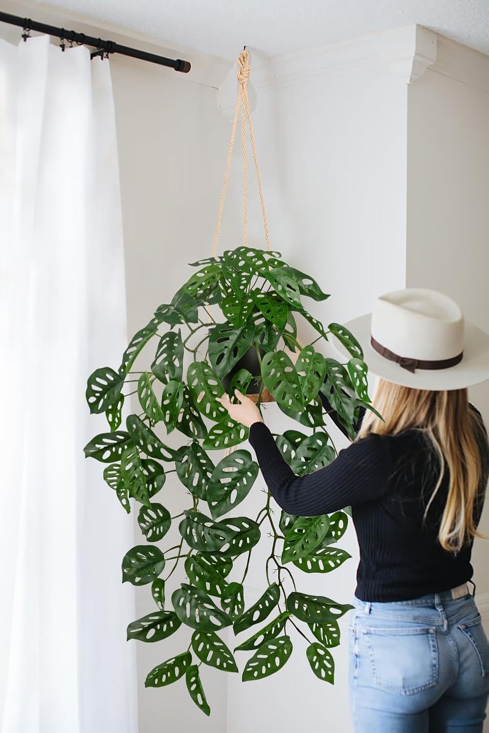 Large Fake Hanging Plants in Pot with Hook, 37" Artificial Hanging Monstera Albo Vines Plants, Fake