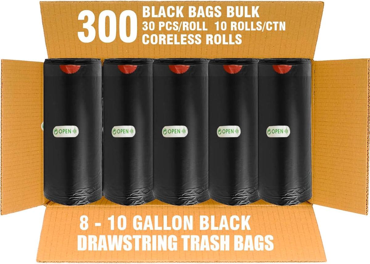 8-10 Gallon Trash Bags Drawstring, 300 Count Bulk, Black & Unscented Multi-purpose Garbage Bags for