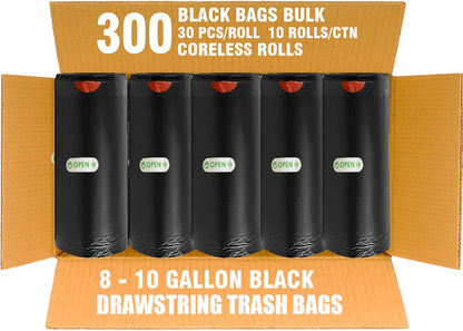 8-10 Gallon Trash Bags Drawstring, 300 Count Bulk, Black & Unscented Multi-purpose Garbage Bags for