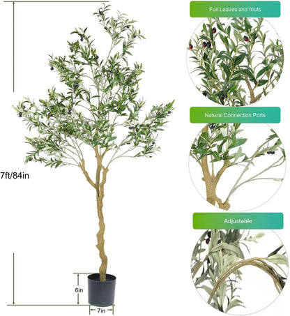Tall Faux Olive Tree，7ft（84in） Realistic Potted Silk Artificial Indoor with Green Leaves and Big