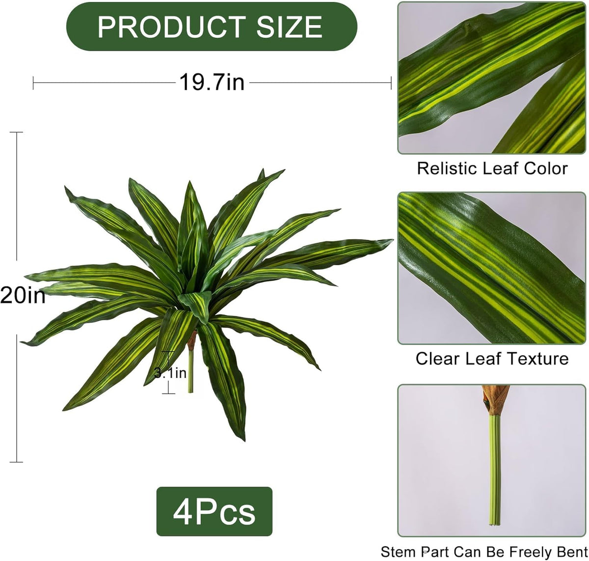 4 Pcs Artificial Greenery Stems Dracaena Faux Branches Artificial Plants Realistic Fake Dracaena