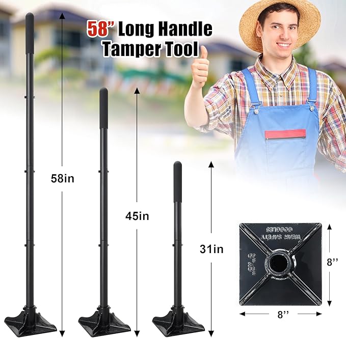 Steel Tamper Tool, Heavy Duty Garden Ground Steel Tamper Tool Kit Long Handle 58 Inch, 8x8” Square