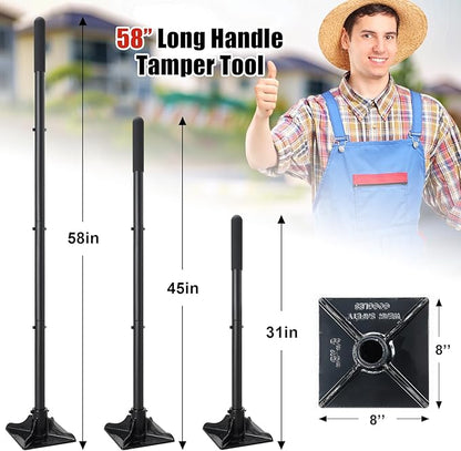 Steel Tamper Tool, Heavy Duty Garden Ground Steel Tamper Tool Kit Long Handle 58 Inch, 8x8” Square