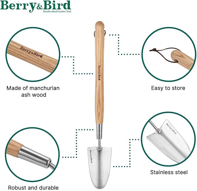 Berry&Bird Garden Trowel with Long Handle, 23.43in Stainless Steel Short Shovel with Wood Handled