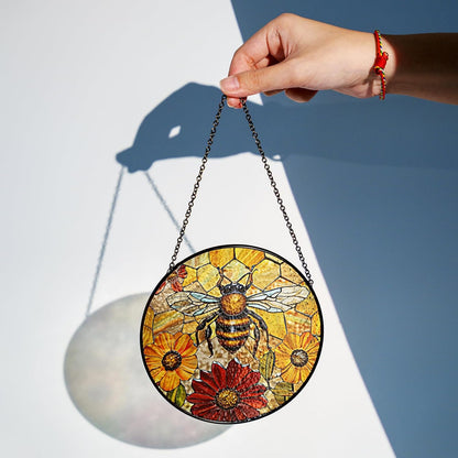 7.8" Bee Honeycomb Stained Glass Suncatchers Art Insect Flowers for Sun Catcher Gifts for Pet