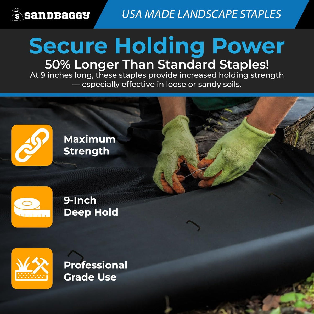 Sandbaggy USA Made 9-inch Landscape Staples - Garden Stakes - Landscaping Fabric, Netting, Sod