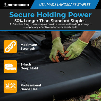 Sandbaggy USA Made 9-inch Landscape Staples - Garden Stakes - Landscaping Fabric, Netting, Sod