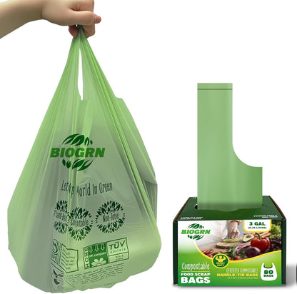 2.6-3 Gallon Compostable Trash Bags with Handles 80 Count 0.67 Mil 11.36 L Small Kitchen Wet Food