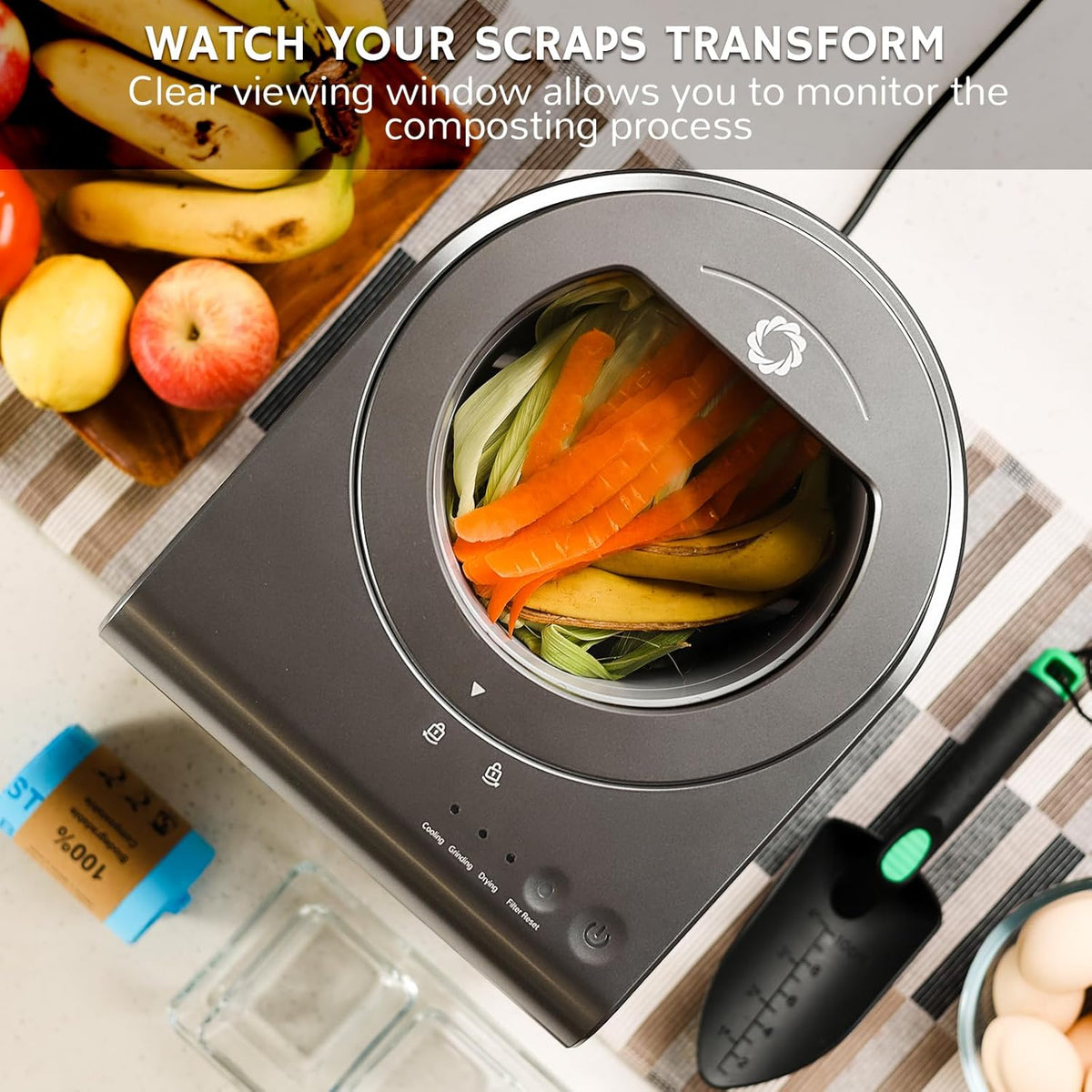 Airthereal Revive Electric Kitchen Composter with Visual Cover, Upgraded SHARKSDEN® Tri-Blade, Turn