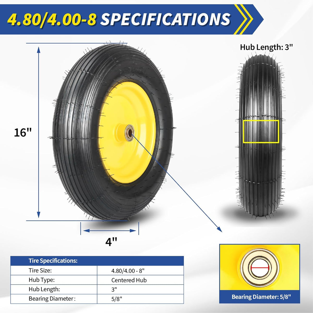 (2 Pack)4.80/4.00-8 Wheelbarrow Tire and Wheel, 16" Rubber Pneumatic Wheel, 3" -6" Centered Hub