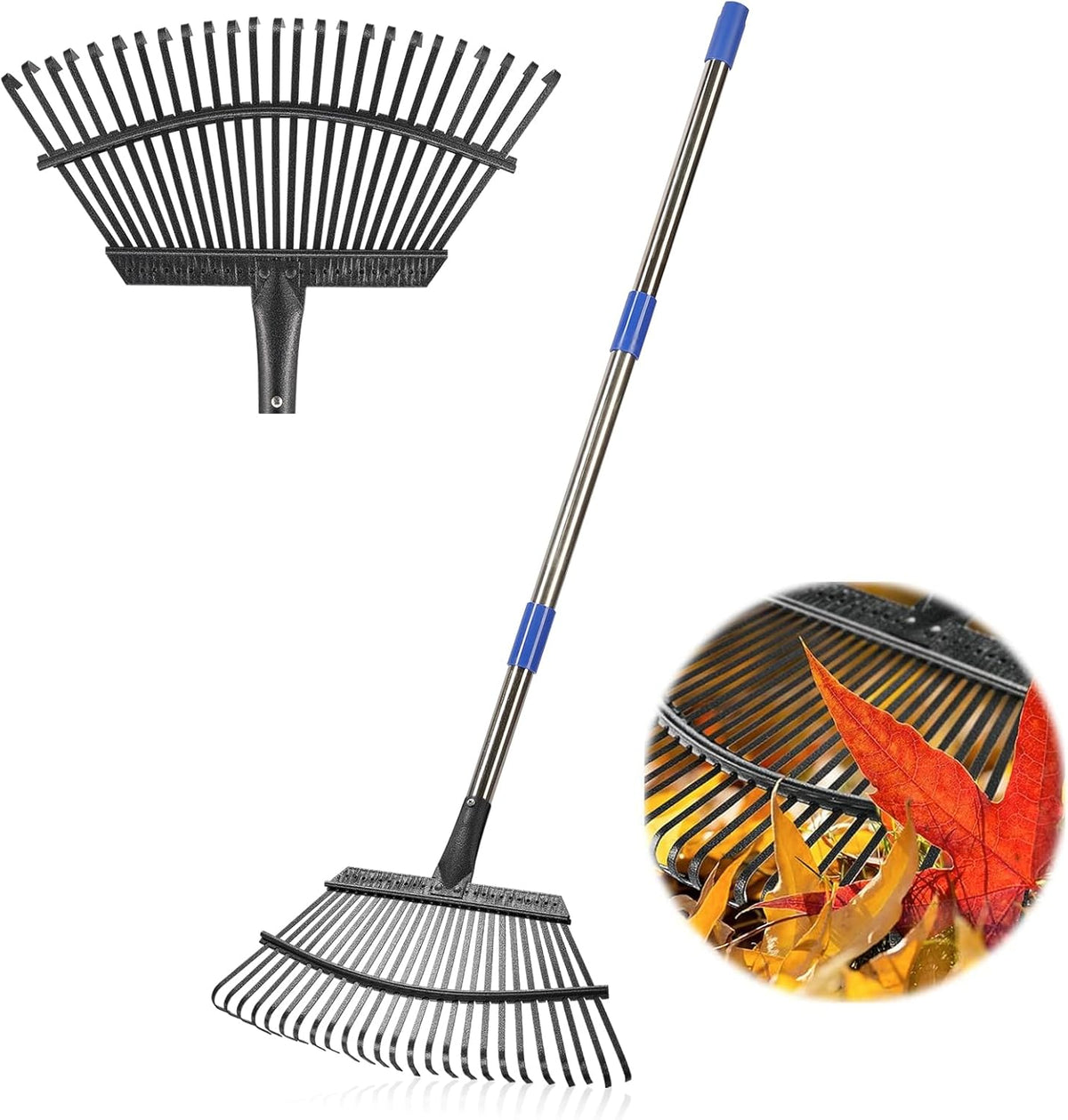 Garden Rake for Leaves, Leaf Rakes Heavy Duty for Yard,Lawn,Shrub,Grass,Mulch, 18" Metal Head,6ft