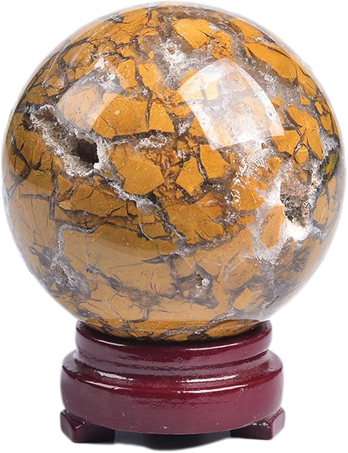 JIC Gem Natural Healing Crystal Sphere Ball Yellow Agate Crystal Decorative Ball with Display Stand