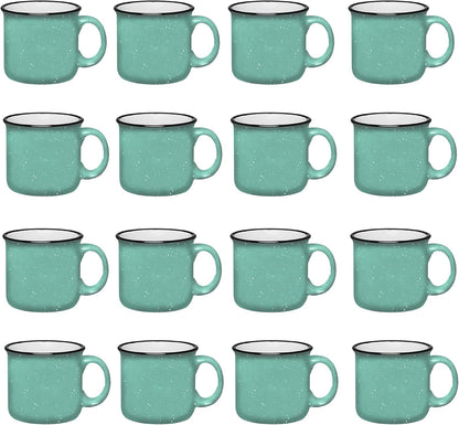 Set of 16 Ceramic Campfire Mugs – 15 Oz, Teal – Coffee & Tea Cups for Home, Work, Travel, Camping