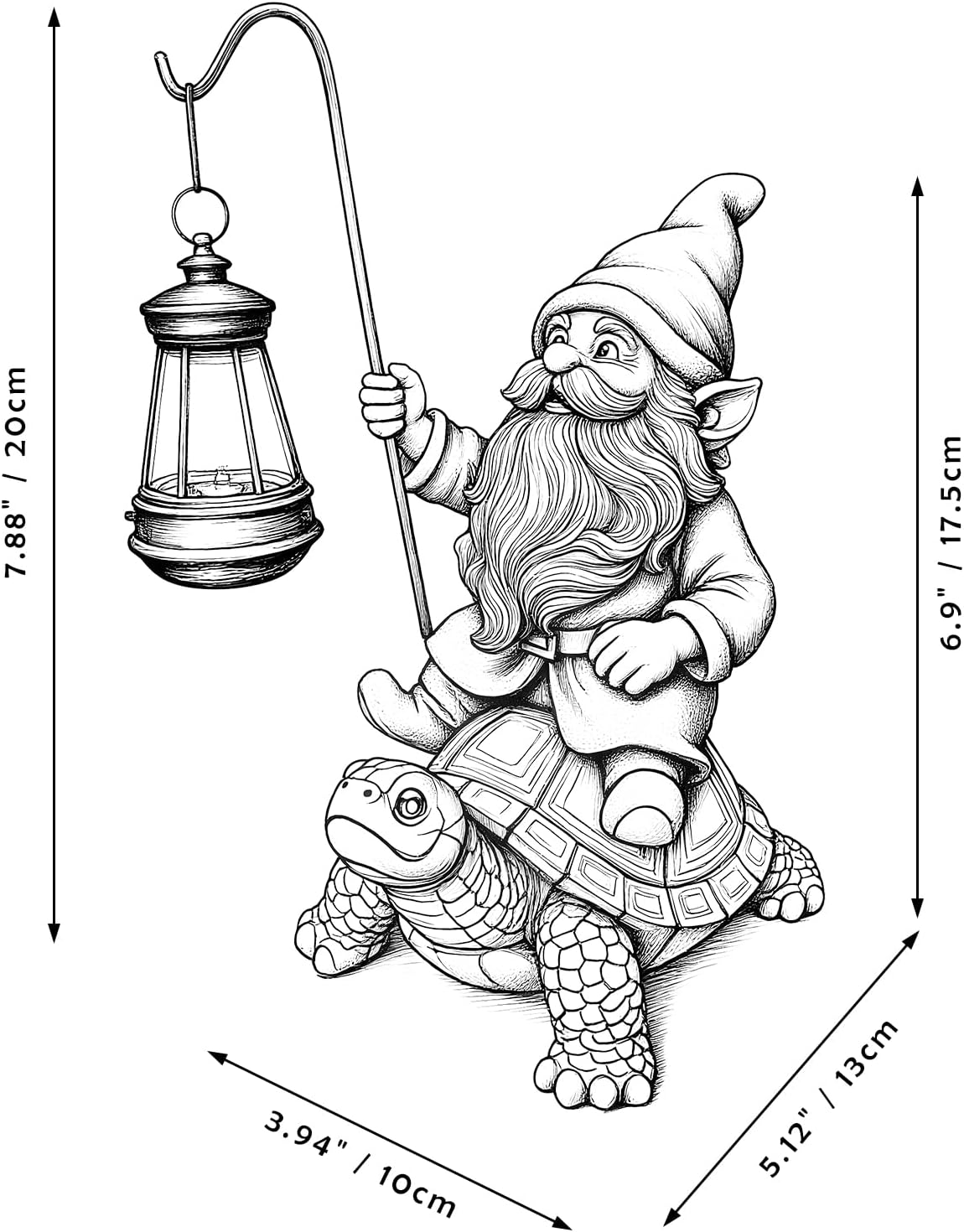 Garden Gnome Statue Riding Turtle - Garden Gnomes Decorations with Solar LED Lights, 7.9" Outdoor