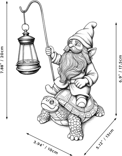 Garden Gnome Statue Riding Turtle - Garden Gnomes Decorations with Solar LED Lights, 7.9" Outdoor