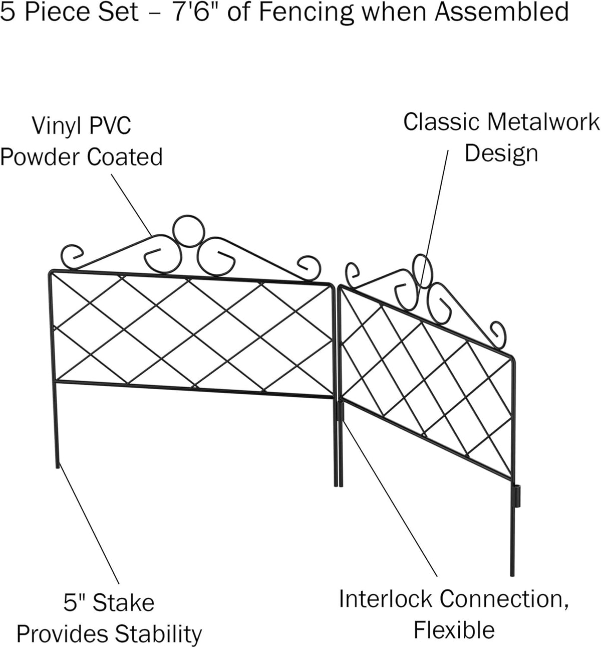 Metal Garden Fencing- Set of 5 Panels for Decorative Edging Flower Beds & Landscaping