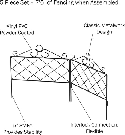 Metal Garden Fencing- Set of 5 Panels for Decorative Edging Flower Beds & Landscaping