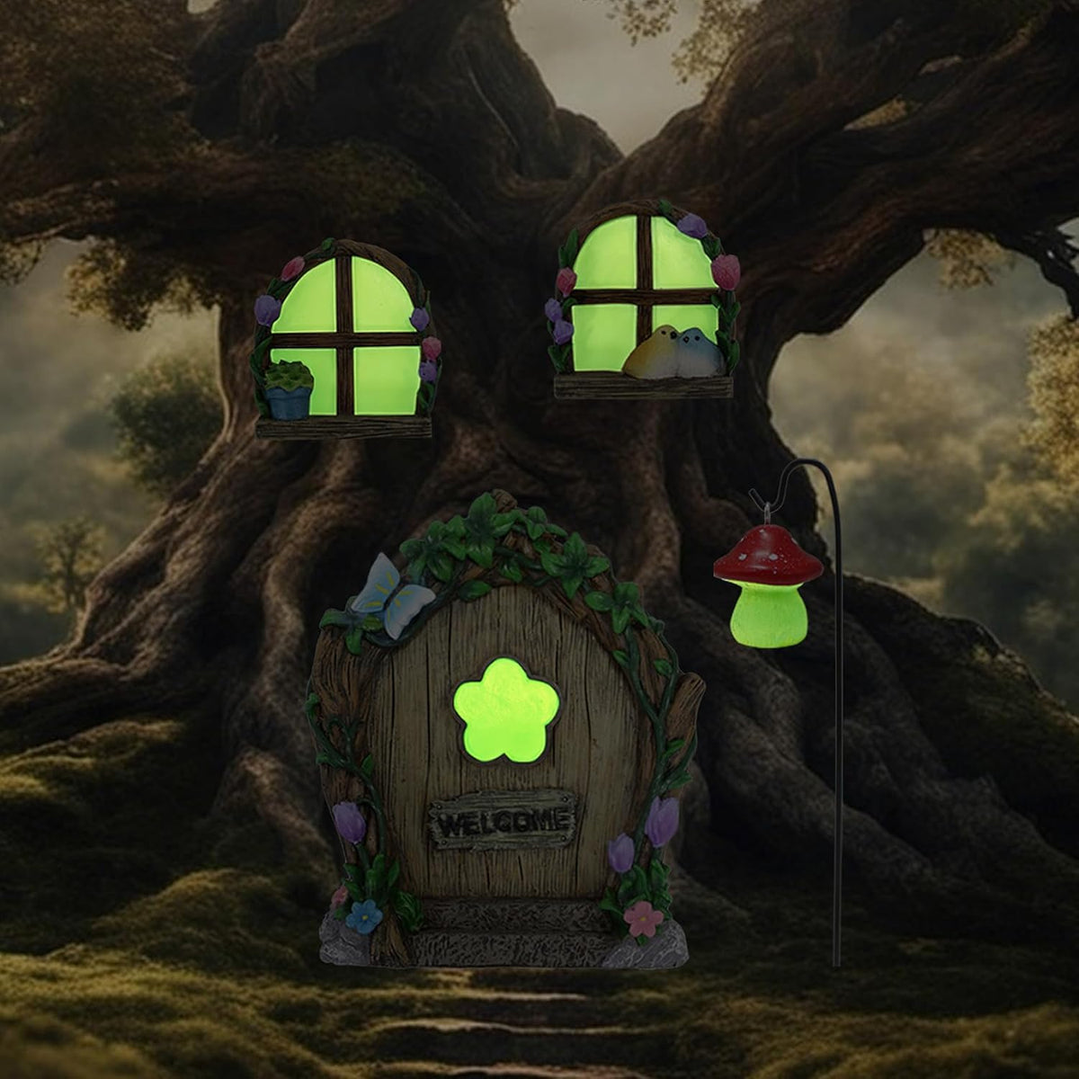 Fairy Door and Windows Garden Kit Accessories Outdoor, Glow in Dark Gnome House for Tree, Lawn Yard