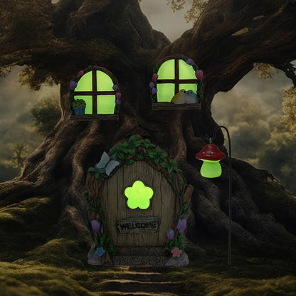 Fairy Door and Windows Garden Kit Accessories Outdoor, Glow in Dark Gnome House for Tree, Lawn Yard
