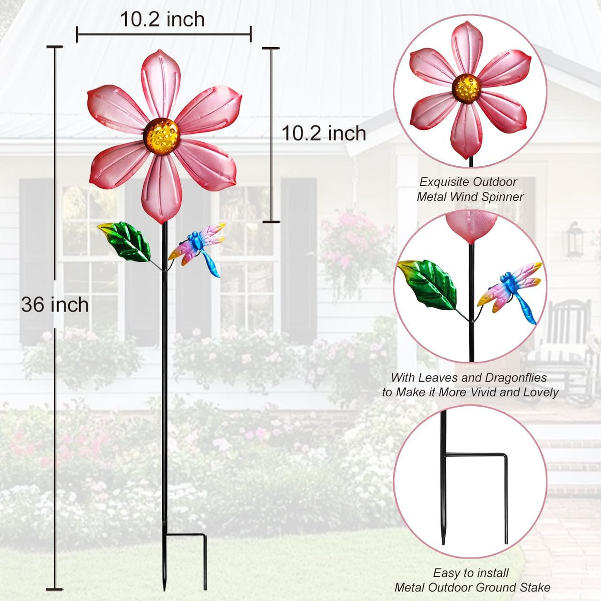Metal Outdoor Flower Wind Spinner with Pink Floral & Gold Dragonfly, Decorative Kinetic Wind