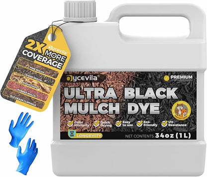 32oz Concentrated Ultra Black Mulch Dye with Gloves, Liquid Rubber Dye Spray Covers up to 3,600 Sq.